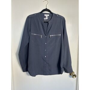 Calvin Klein Women's‎ M Blue Utility Blouse Roll Tab Sleeve Zipper Pocket Shirt